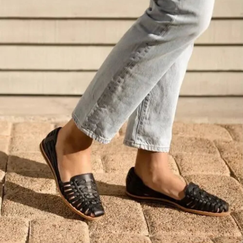 Like New Nisolo Huarache Woven Leather Women's Sandals in Black